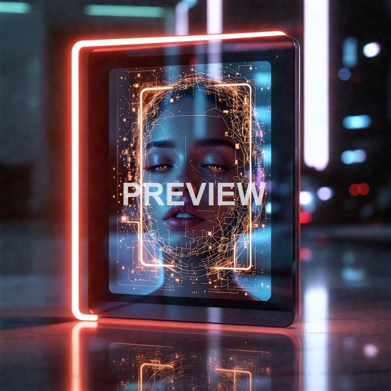 A futuristic digital face scan displayed on a transparent screen with glowing circuitry patterns, set against a cityscape background at night.
